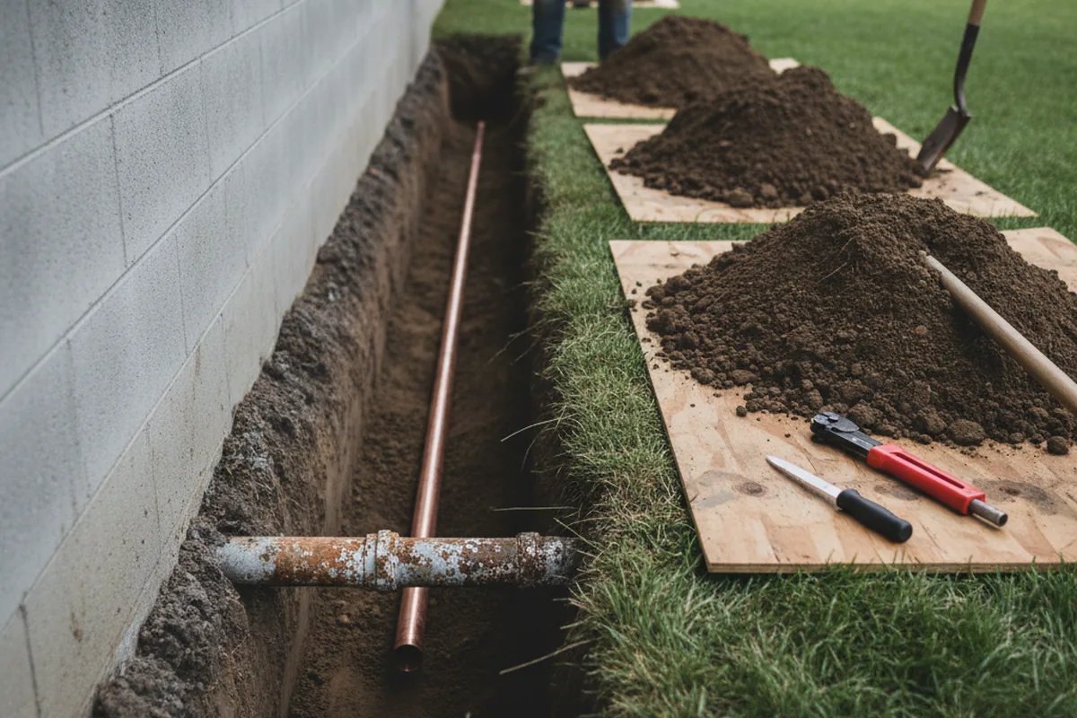Excavated water line trench during Water Heater Repair in Elkhart